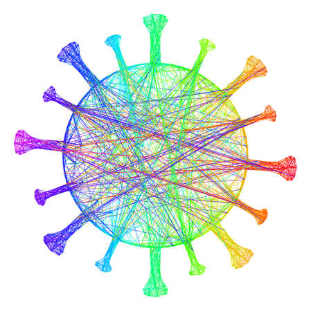 Rainbow vibrant net red virus. Geometric hatched frame flat net based on red virus icon, generated with crossing lines, with rainbow gradient.のイラスト素材