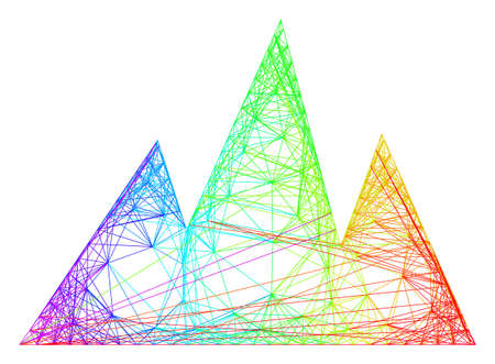 Bright colored net mountains. Geometric hatched frame 2D net based on mountains icon, generated with crossing lines, with spectral gradient.のイラスト素材