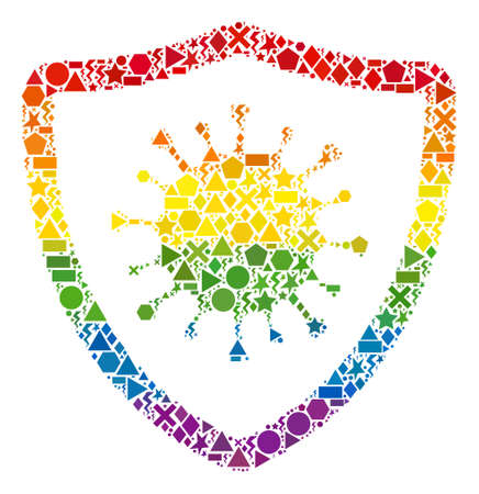 Spectrum vibrant vector virus shield mosaic for LGBT. Geometric scattered dots are organized into abstract mosaic virus shield icon.のイラスト素材