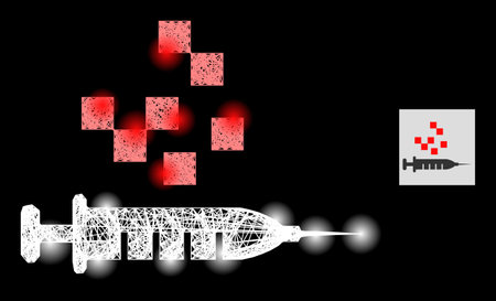 Constellation crossing mesh vaccine synthesis with glowing spots on a black background. Light vector mesh is based on vaccine synthesis picture, with irregular mesh and light spots.のイラスト素材