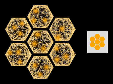 Sparkle network honeycombs with glowing spots on a black background. Light vector constellation is based on honeycombs picture, with linear network and light spots.のイラスト素材