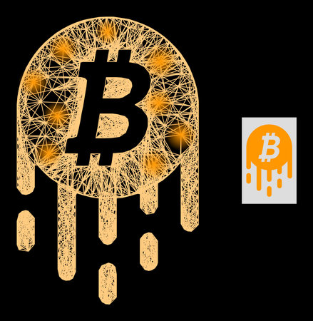 Flare net mesh melting bitcoin with glowing spots on a black background. Light vector structure is based on melting bitcoin icon, with linear net and light spots.のイラスト素材