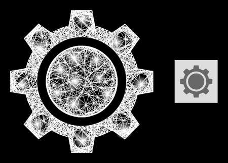 Illuminated net gear wheel with light spots on a black background. Bright vector structure based on gear wheel symbol, with linear net and light dots.のイラスト素材