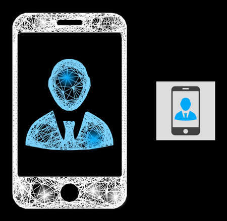 Illuminated crossing mesh mobile user profile with lightspots on a black background. Light vector mesh based on mobile user profile glyph, with intersected mesh and lightspots.のイラスト素材