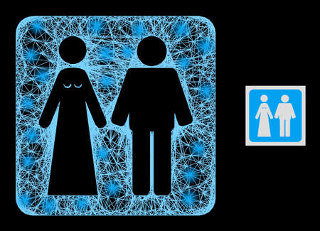 Illuminated network married groom and bribe with light spots on a black background. Illuminated vector structure is based on married groom and bribe glyph, with hatched network and light spots.のイラスト素材