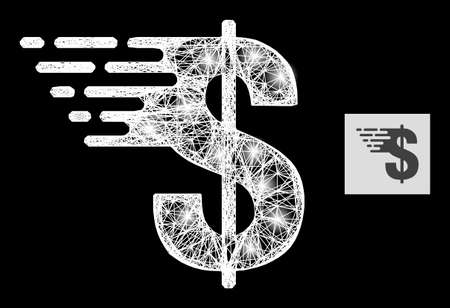Glossy wire frame dollar with light spots on a black background. Illuminated vector structure based on dollar pictogram, with hatched mesh and light spots.のイラスト素材