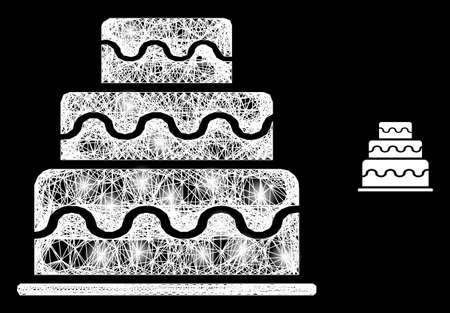 Constellation net mesh cake with glowing spots on a black background. Bright vector mesh is based on cake symbol, with hatched mesh and light spots.のイラスト素材