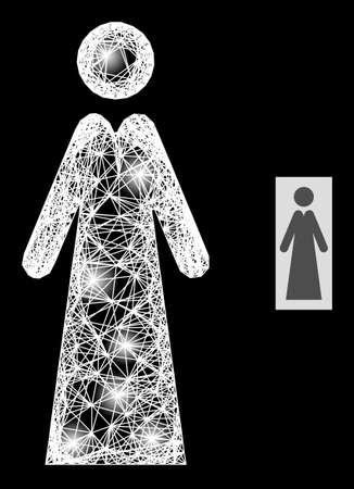 Glowing net lady with light spots on a black background. Light vector model is based on lady pictogram, with intersected net and light spots.のイラスト素材
