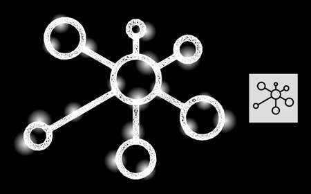 Glitter net mesh link nodes with lightspots on a black background. Light vector mesh based on link nodes pictogram, with irregular net and light dots.のイラスト素材