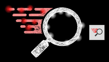 Glowing network search tool with light spots on a black background. Light vector mesh is based on search tool pictogram, with irregular mesh and light dots.のイラスト素材