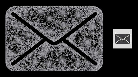 Glowing net mesh mail with lightspots on a black background. Light vector mesh is created from mail symbol, with linear mesh and light dots.のイラスト素材