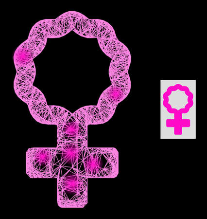 Glitter net mesh female cell symbol with light spots on a black background. Light vector model based on female cell symbol, with intersected net and light spots.のイラスト素材