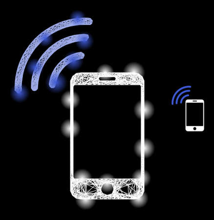 Glossy net mesh cellphone signal with light spots on a black background. Illuminated vector structure based on cellphone signal pictogram, with irregular net and light spots.のイラスト素材