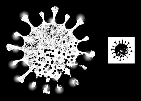 Glitter net mesh damaged microbe with light spots on a black background. Light vector model based on damaged microbe picture, with irregular net and light dots.のイラスト素材
