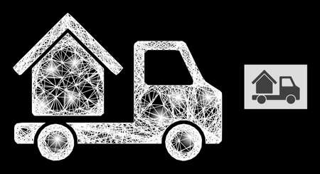 Magic wire frame house trailer with light spots on a black background. Illuminated vector mesh based on house trailer picture, with irregular net and light spots.のイラスト素材