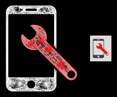 Constellation net mesh smartphone repair with glowing spots on a black background. Light vector model is based on smartphone repair pictogram, with linear net and light spots.のイラスト素材