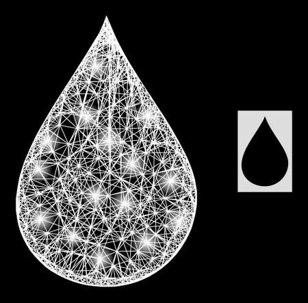 Glowing crossing mesh oil drop with glowing spots on a black background. Illuminated vector mesh is based on oil drop symbol, with hatched mesh and light dots.のイラスト素材
