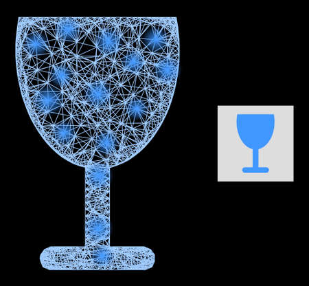 Majestic net wine cup with light spots on a black background. Light vector structure is based on wine cup pictogram, with hatched net and light dots.のイラスト素材