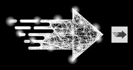Glossy net mesh right arrow with light spots on a black background. Light vector constellation is based on right arrow pictogram, with hatched net and light dots.のイラスト素材
