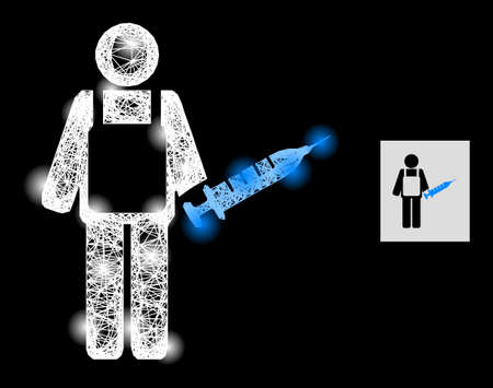 Sparkle crossing mesh vaccination medic with light spots on a black background. Light vector constellation based on vaccination medic pictogram, with linear network and light dots.のイラスト素材