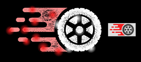 Magic crossing mesh tire wheel with light spots on a black background. Bright vector model based on tire wheel picture, with intersected mesh and light dots.のイラスト素材