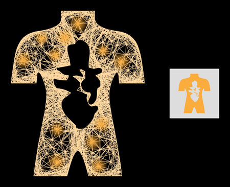 Illuminated wire frame human anatomy with glowing spots on a black background. Light vector structure based on human anatomy symbol, with intersected network and light spots.のイラスト素材