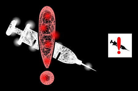 Illuminated wire frame danger vaccine with lightspots on a black background. Illuminated vector constellation is based on danger vaccine icon, with linear network and lightspots.のイラスト素材