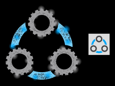 Glowing net gear planetary transmission with glowing spots on a black background. Light vector mesh based on gear planetary transmission glyph, with hatched net and light dots.のイラスト素材