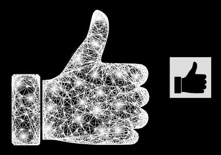 Bright network thumb up with light spots on a black background. Light vector structure is based on thumb up symbol, with intersected network and lightspots.のイラスト素材