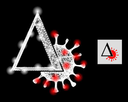 Illuminated net delta Covid virus icon with light spots and white mesh on a black background. Light vector model is based on delta Covid virus icon, with irregular white net and scattered light spots.のイラスト素材