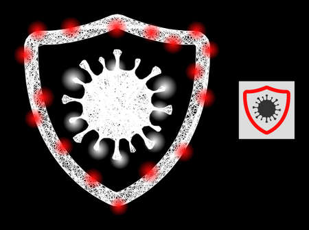 Bright net mesh virus shield icon with lightspots and white mesh on a black background. Bright vector mesh based on virus shield symbol, with linear white net and scattered lightspots.のイラスト素材