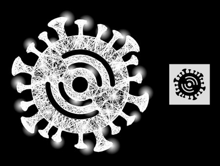 Glossy crossing mesh WiFi virus icon with light spots and white mesh on a black background. Illuminated vector mesh is based on WiFi virus symbol, with hatched white net and scattered light dots.のイラスト素材