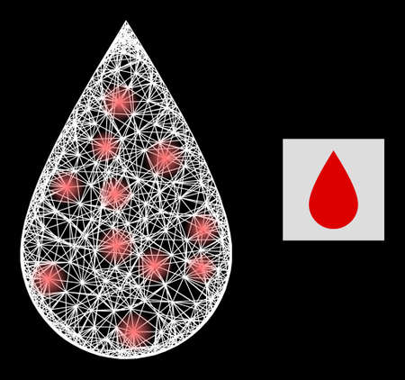 Illuminated net blood drop icon with light spots and white mesh on a black background. Light vector mesh is created from blood drop symbol, with linear white net and scattered light spots.のイラスト素材