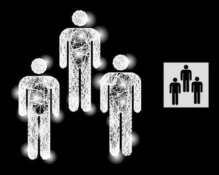 Flare net mesh people icon with light spots and white mesh on a black background. Bright vector constellation created from people picture, with irregular white mesh and scattered light dots.のイラスト素材