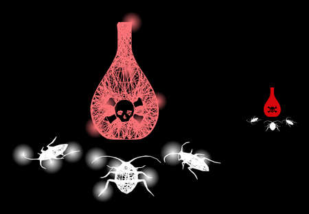 Bright crossing mesh cockroach poison with light spots on a black background. Bright vector mesh based on cockroach poison glyph, with linear network and light dots.のイラスト素材