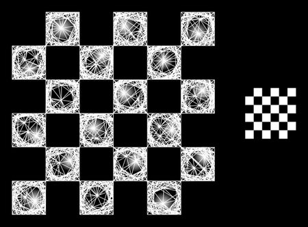 Magic wire frame chess board with light spots on a black background. Light vector structure is based on chess board symbol, with intersected net and light dots.のイラスト素材