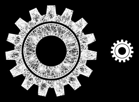 Illuminated wire frame cog with glowing spots on a black background. Illuminated vector structure based on cog pictogram, with intersected net and light spots.のイラスト素材