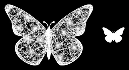 Bright net mesh butterfly with glowing spots on a black background. Bright vector constellation based on butterfly symbol, with hatched mesh and light spots.のイラスト素材