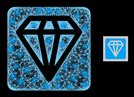 Sparkle net mesh diamond with glowing spots on a black background. Light vector mesh created from diamond picture, with intersected net and light spots.のイラスト素材
