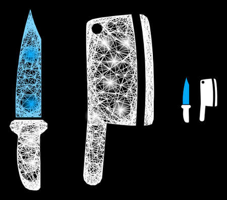 Flare net mesh butchery knives with light spots on a black background. Light vector model based on butchery knives glyph, with irregular mesh and light spots.のイラスト素材