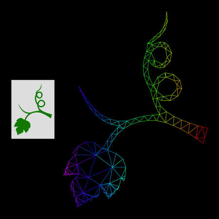 Rainbow gradient network grape sprout icon. Geometric frame flat network based on grape sprout icon, generated with triangular mesh network, with spectrum gradient.のイラスト素材