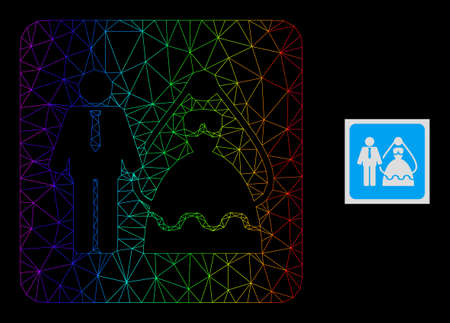 Spectrum gradient network bride and groom icon. Geometric frame 2D net based on bride and groom icon, generated with polygonal mesh net, with spectral gradient.のイラスト素材