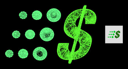 Glowing crossing mesh fast dollar with glowing spots on a black background. Bright vector mesh based on fast dollar icon, with linear net and light spots.のイラスト素材