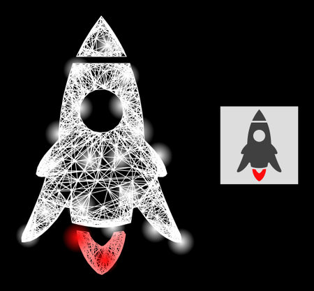 Flare crossing mesh rocket start with glowing spots on a black background. Light vector structure is based on rocket start icon, with irregular mesh and light spots.のイラスト素材
