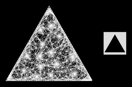 Illuminated crossing mesh filled triangle with lightspots on a black background. Illuminated vector mesh is created from filled triangle pictogram, with hatched mesh and lightspots.のイラスト素材