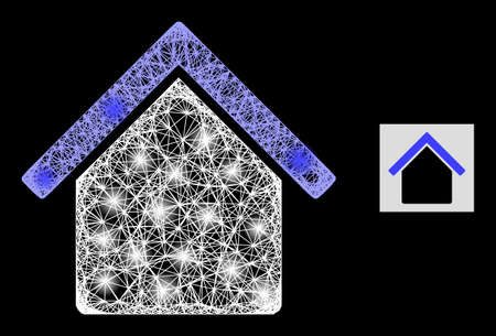 Bright net house with light spots on a black background. Light vector structure is based on house glyph, with hatched net and light spots.のイラスト素材