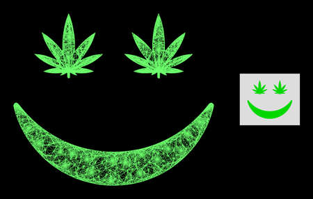Constellation network cannabis smile icon with glowing spots on a black background. Light vector mesh based on cannabis smile picture, with intersected network and random light spots.のイラスト素材