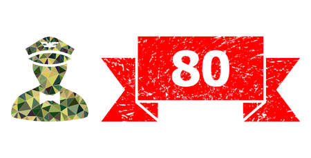 Lowpoly polygonal flying attendant military camouflage icon illustration, and 80 rubber seal. Red...