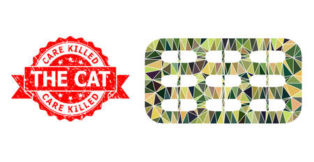 Lowpoly triangulated pill blister military camouflage symbol illustration, and Care Killed The Cat dirty seal. Red seal includes Care Killed the Cat title inside ribbon.のイラスト素材