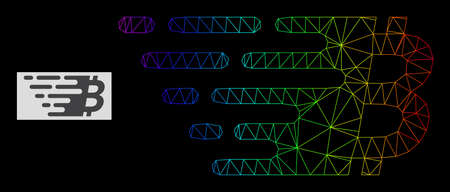 Rainbow gradient mesh bitcoin symbol icon. Geometric carcass 2D net based on bitcoin symbol icon, generated with triangular mesh net, with rainbow gradient.のイラスト素材